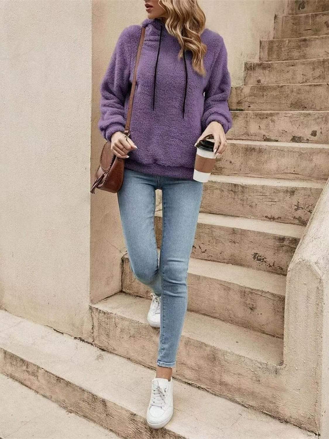 Drawstring Long Sleeve Fuzzy Hoodie - Trendsi - Flyclothing LLC