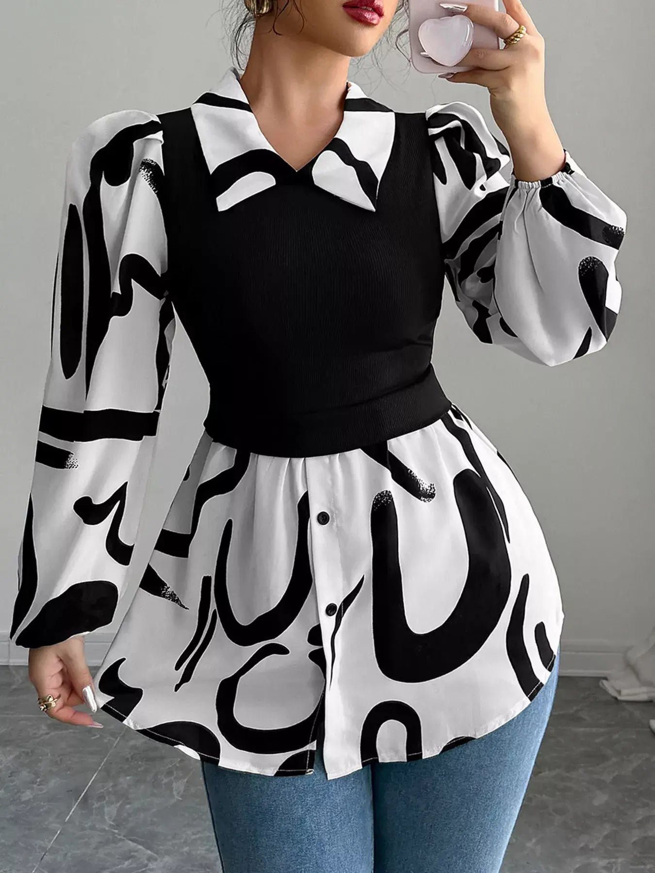 Abstract Print Long Sleeve Blouse - Trendsi - Flyclothing LLC