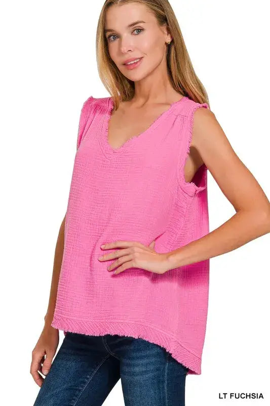 Zenana Double Gauze Raw Edge V-Neck Tank - Trendsi - Flyclothing LLC
