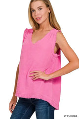 Zenana Double Gauze Raw Edge V-Neck Tank - Trendsi - Flyclothing LLC