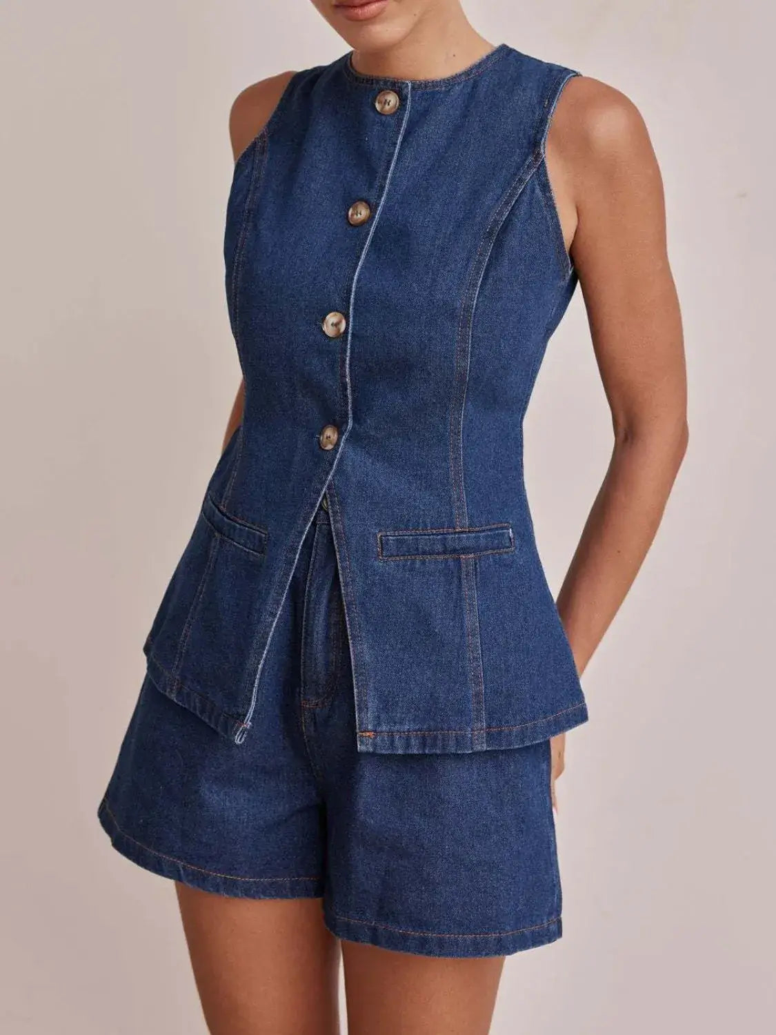 Button Down Vest and Shorts Denim Set - Trendsi - Flyclothing LLC