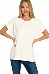 Zenana Soft Melange Hacci Short Sleeve Round Neck Top - Trendsi - Flyclothing LLC