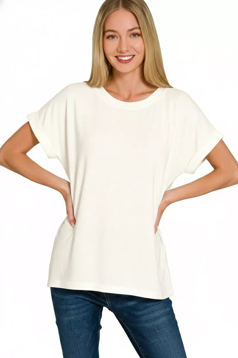 Zenana Soft Melange Hacci Short Sleeve Round Neck Top - Trendsi - Flyclothing LLC
