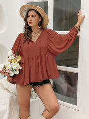 Plus Size Swiss Dot Tie Neck Long Sleeve Blouse - Trendsi