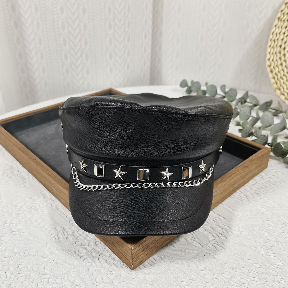 Punk Chain Rivet PU Newsboy Hat, Cool And Bold Girl Style Navy Hat, Halloween Dark-themed Outfit Hat