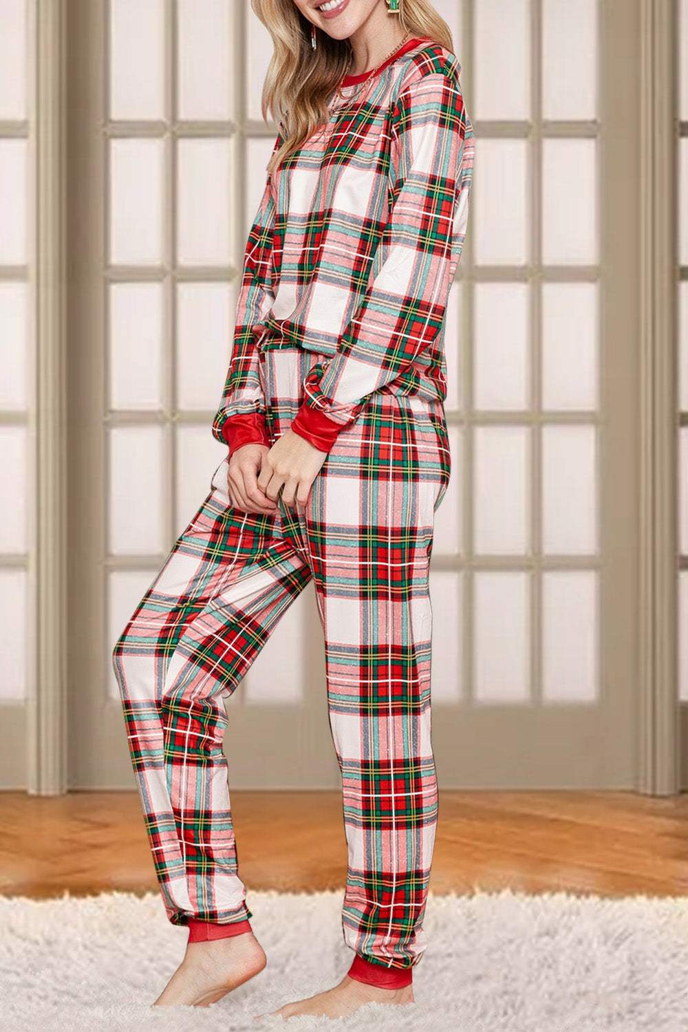 Plaid Round Neck Top and Pants Set - Trendsi - Flyclothing LLC