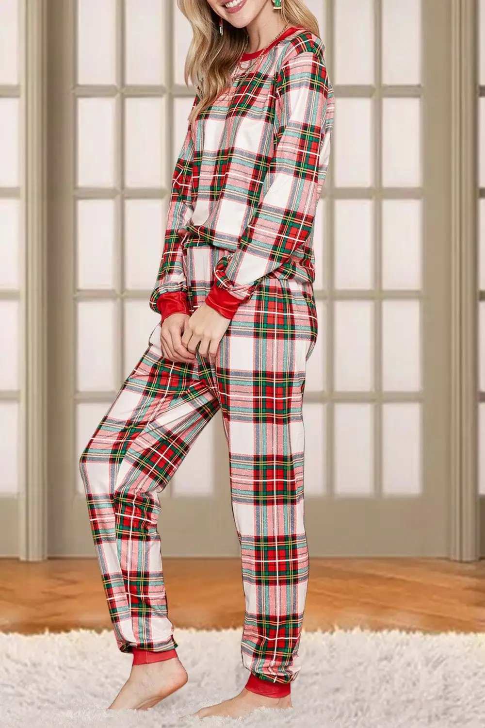 Plaid Round Neck Top and Pants Set - Trendsi - Flyclothing LLC