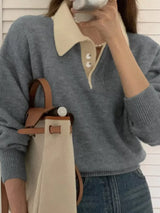 Polo Collar Dropped Shoulder Sweater - Trendsi - Flyclothing LLC