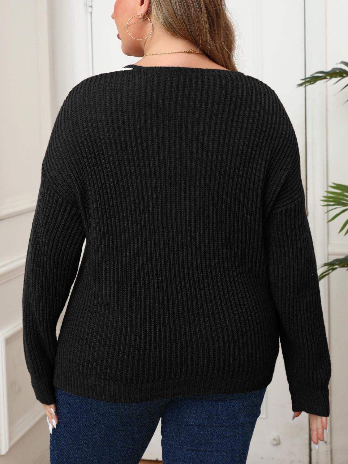 Plus Size Contrast Dropped Shoulder Long Sleeve Sweater - Trendsi - Flyclothing LLC
