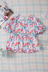 Printed Round Neck Puff Sleeve Blouse - Trendsi - Flyclothing LLC