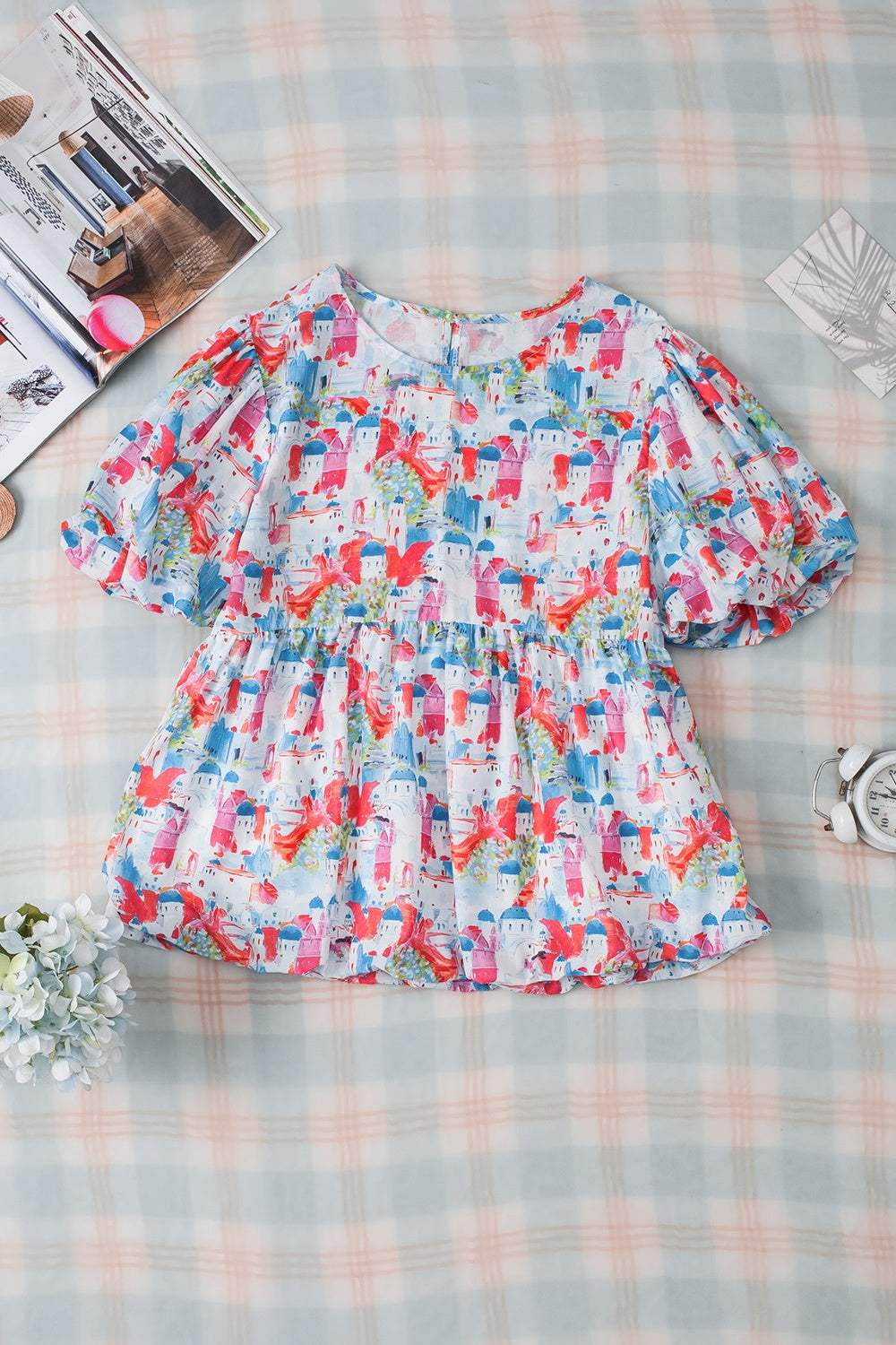 Printed Round Neck Puff Sleeve Blouse - Trendsi - Flyclothing LLC
