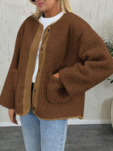 Contrast Button Up Sherpa Jacket with Pockets - Trendsi - Flyclothing LLC