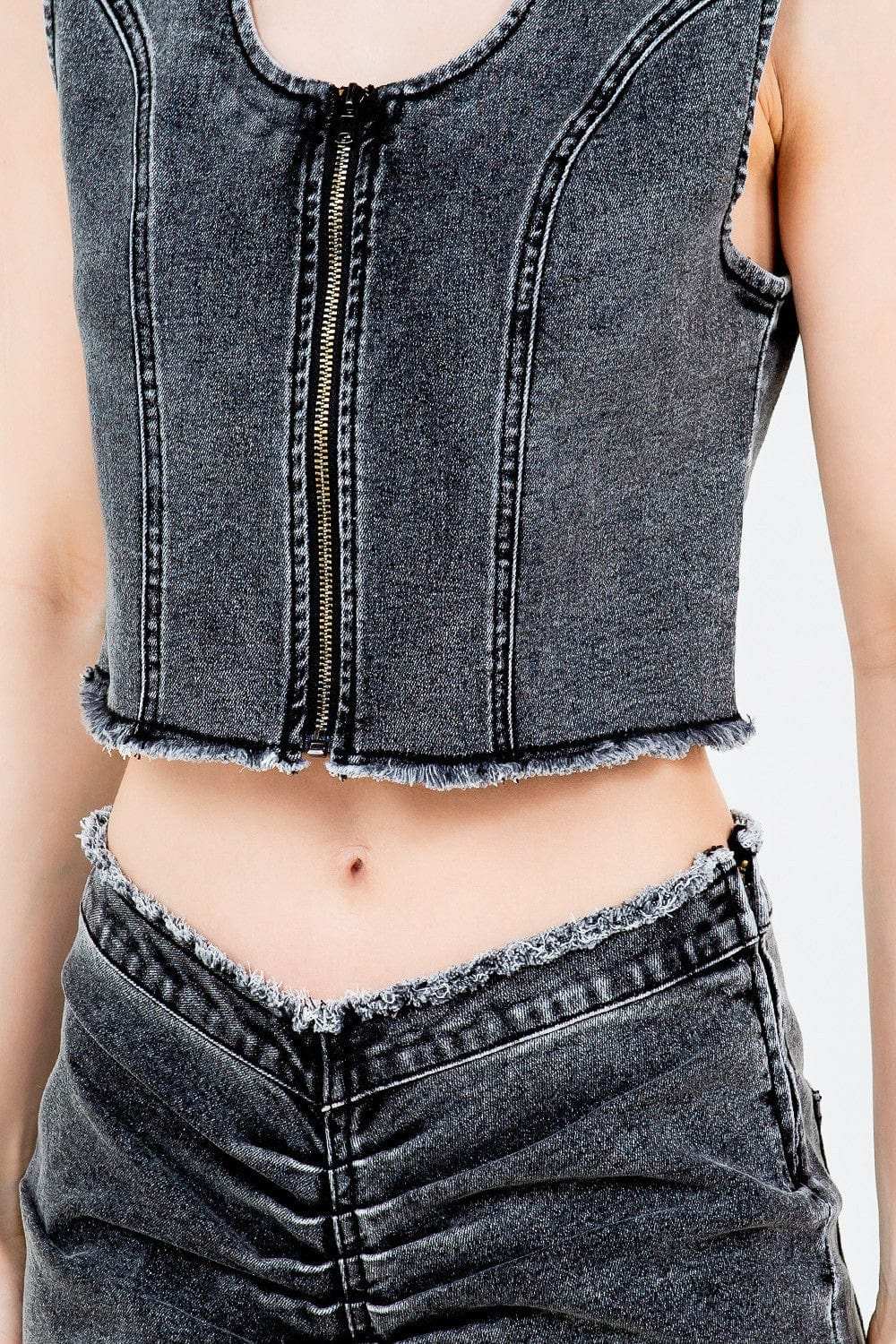 American Bazi Zip Up Washed Crop Denim Vest - Trendsi - Flyclothing LLC