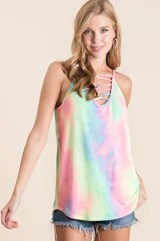 BiBi Tie Dye Terry Caged Neck Knit Camisole - Trendsi - Flyclothing LLC