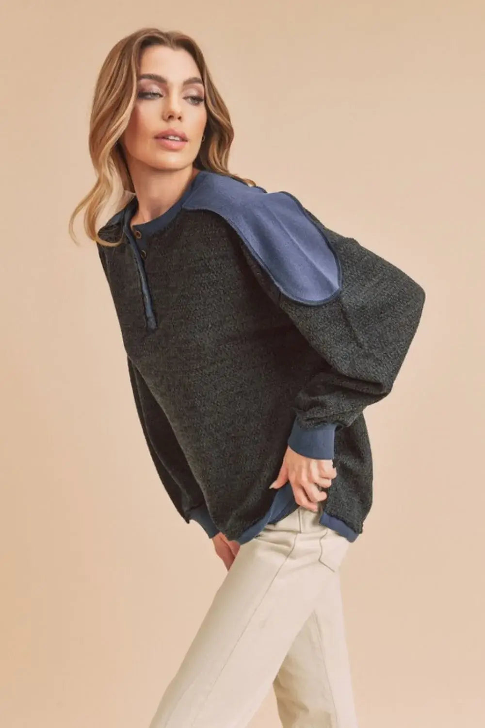Aemi + Co Side Slit Button Detail Contrast Shoulder Sweatshirt - Trendsi - Flyclothing LLC