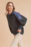 Aemi + Co Side Slit Button Detail Contrast Shoulder Sweatshirt - Trendsi - Flyclothing LLC