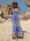 Printed V-Neck Cap Sleeve Midi Dress - Trendsi