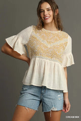 Umgee Floral Lace Trimmed Detail Half Sleeve Babydoll Top - Trendsi - Flyclothing LLC
