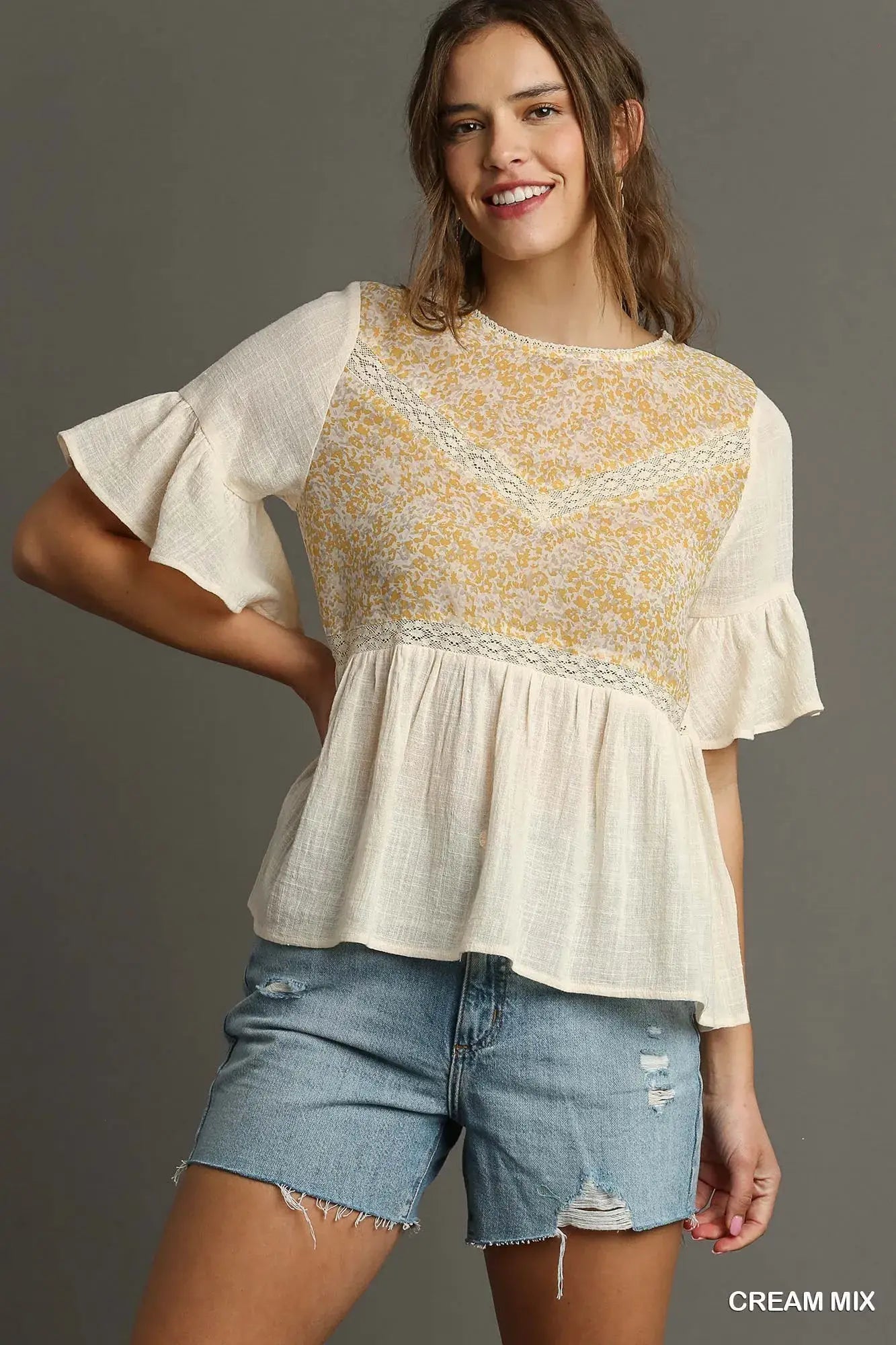 Umgee Floral Lace Trimmed Detail Half Sleeve Babydoll Top - Trendsi - Flyclothing LLC