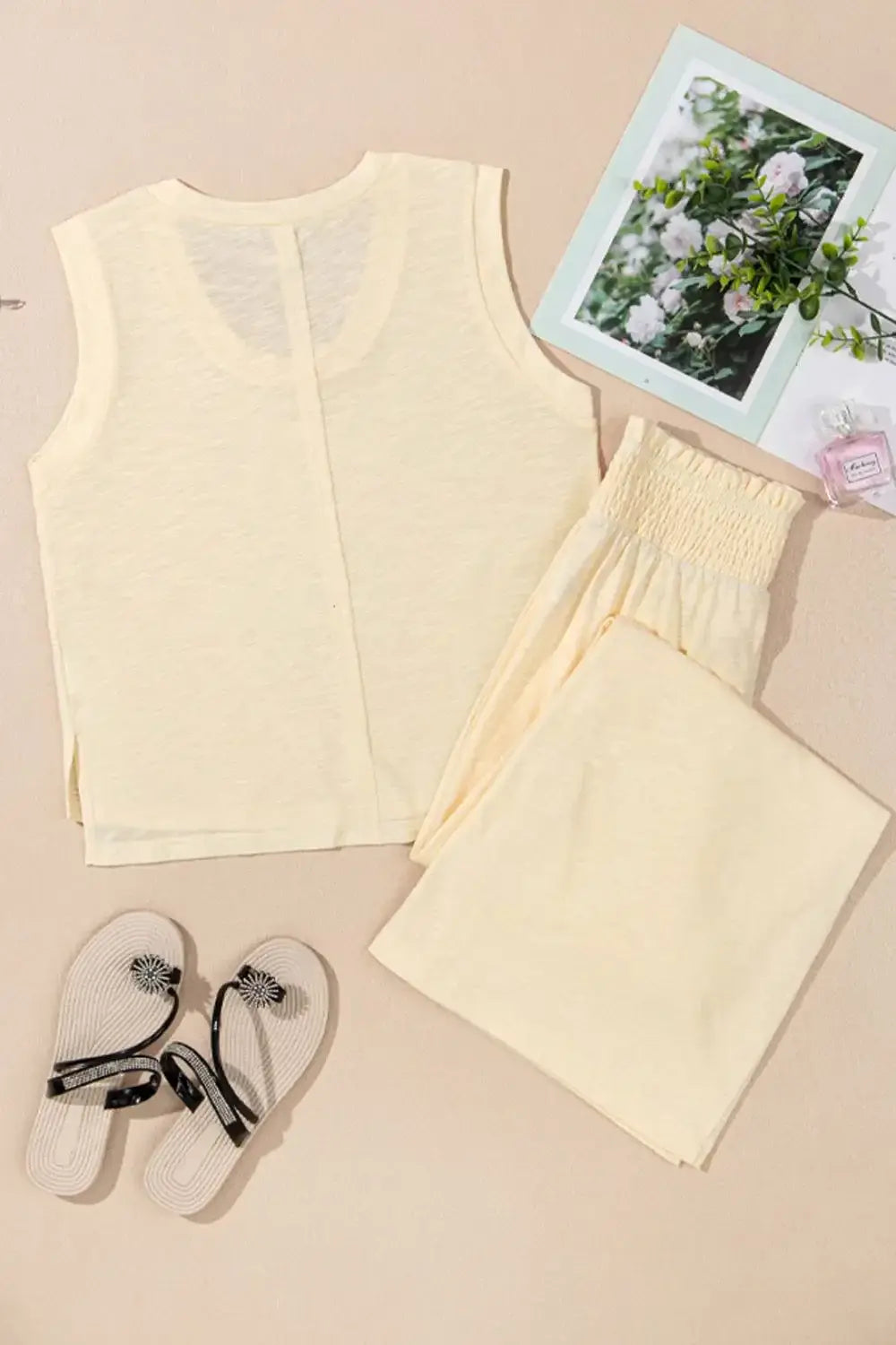 Solid Color Tank Top and Smocked Waist Pants Set - Trendsi - Flyclothing LLC