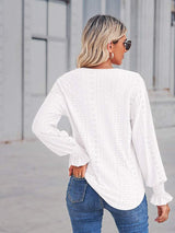 V-Neck Eyelet Flounce Sleeve Blouse - Trendsi - Flyclothing LLC