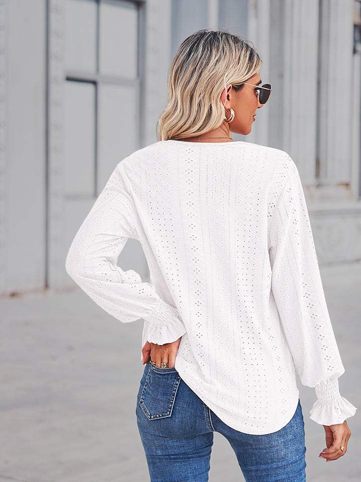 V-Neck Eyelet Flounce Sleeve Blouse - Trendsi - Flyclothing LLC