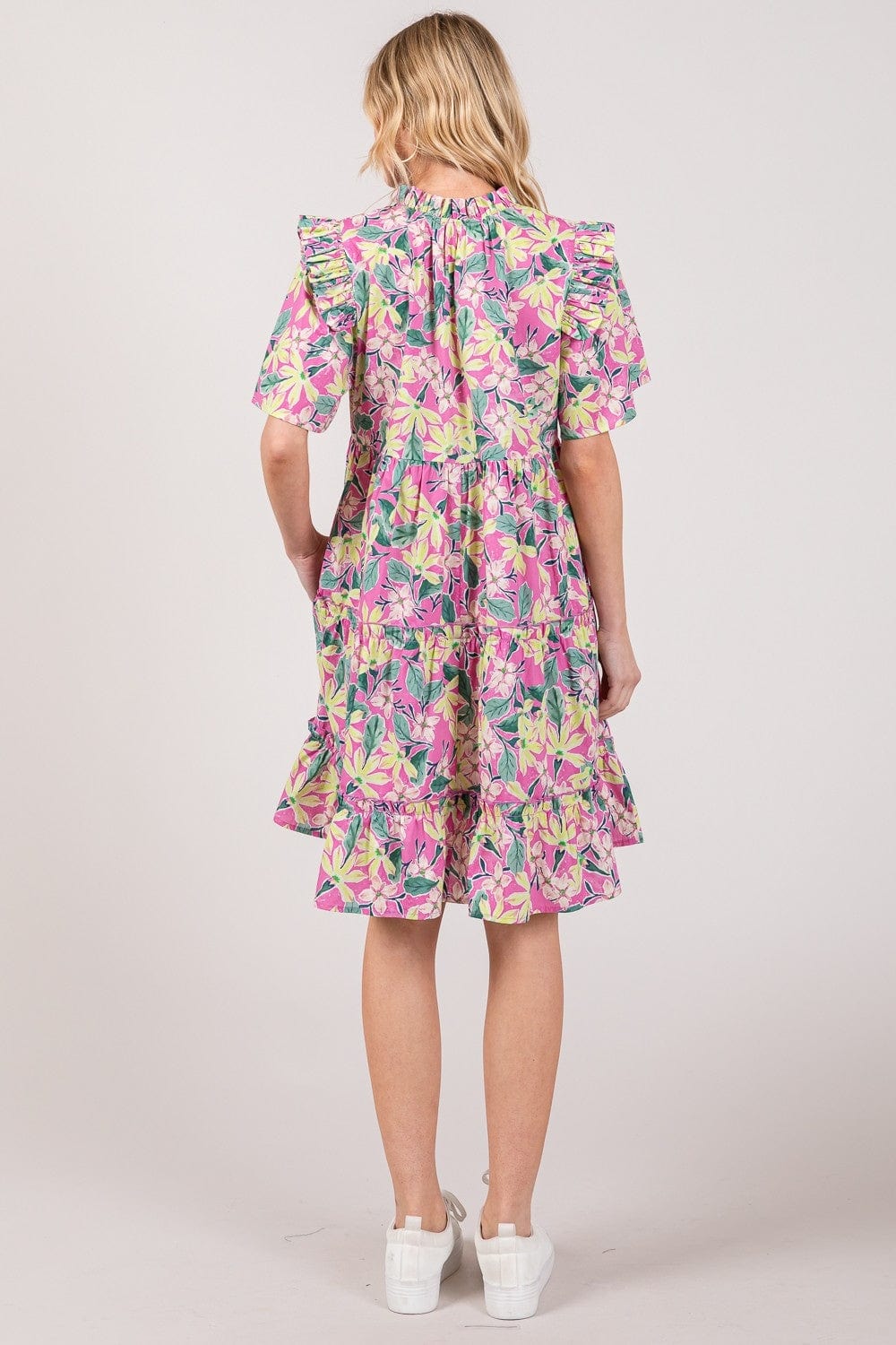 SAGE + FIG Floral Ruffle Short Sleeve Dress - Trendsi