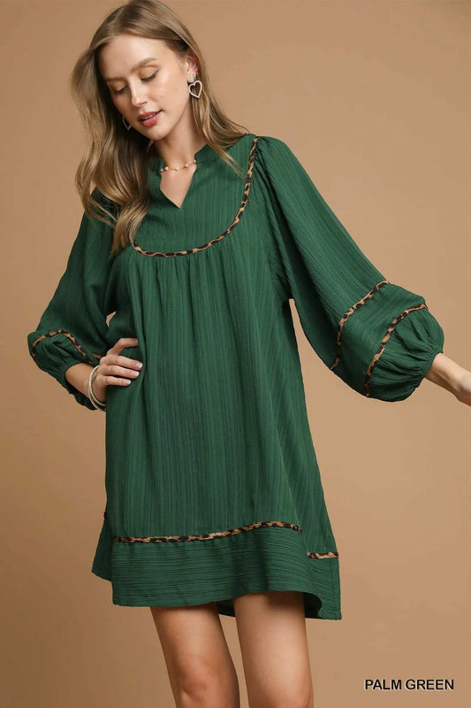 Umgee Textured Babydoll Dress with Leopard Trim - Trendsi - Flyclothing LLC