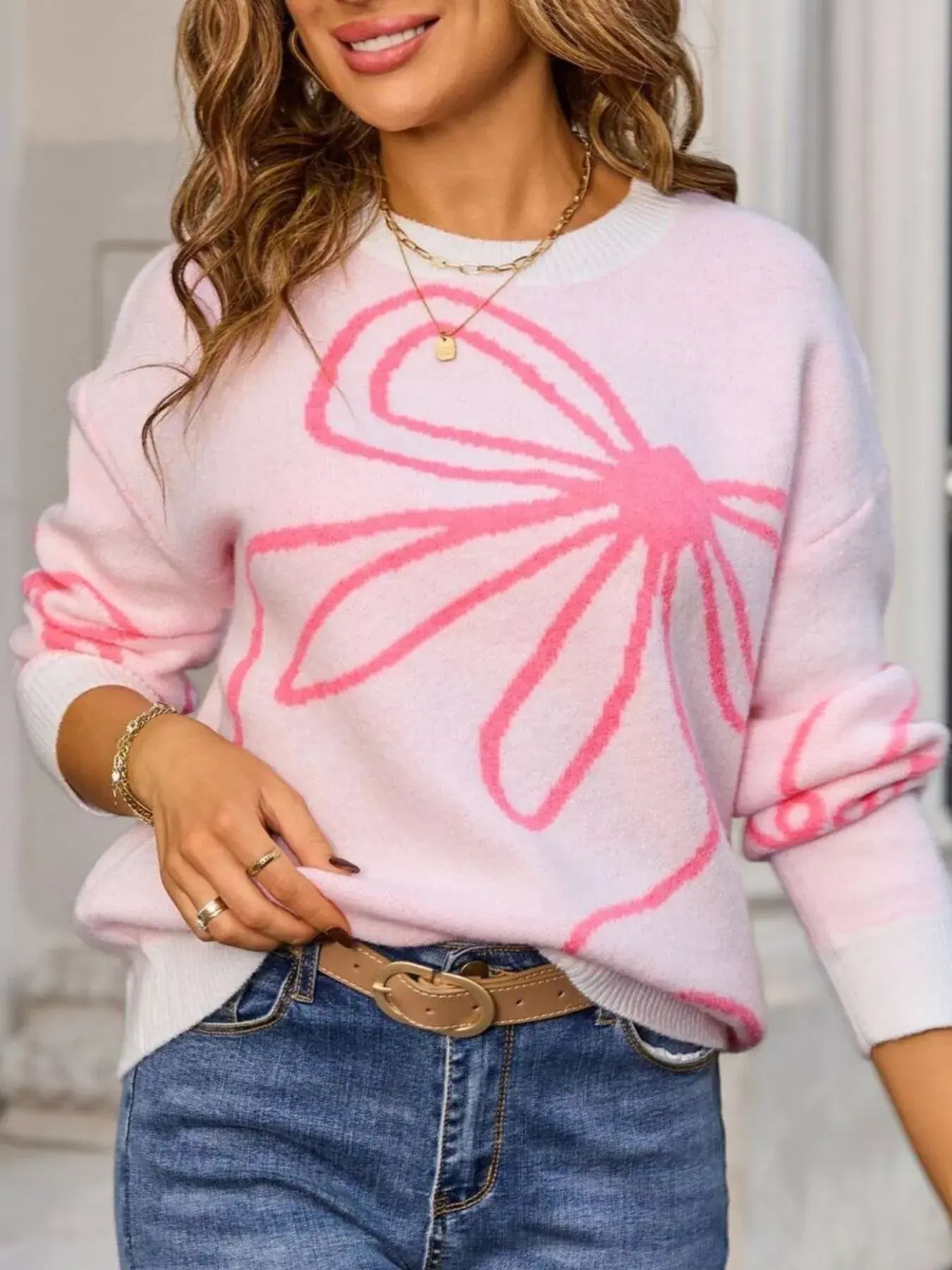 Floral Crew Neck Long Sleeve Sweater - Trendsi - Flyclothing LLC