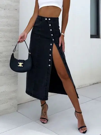 Front Button Slit Midi Denim Skirt - Trendsi - Flyclothing LLC