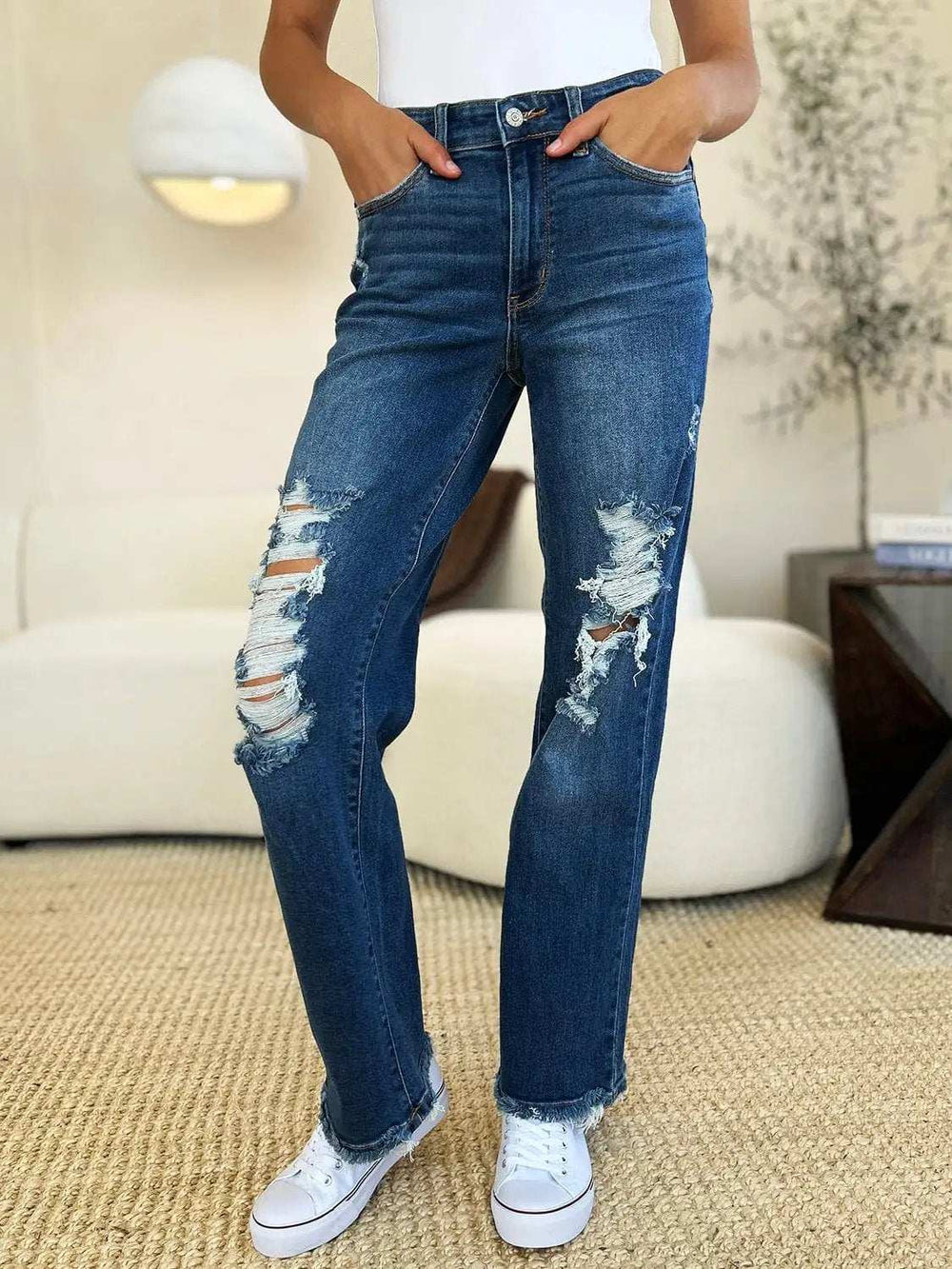 Judy Blue Full Size Mid Rise Distressed Raw Hem Jeans - Trendsi - Flyclothing LLC