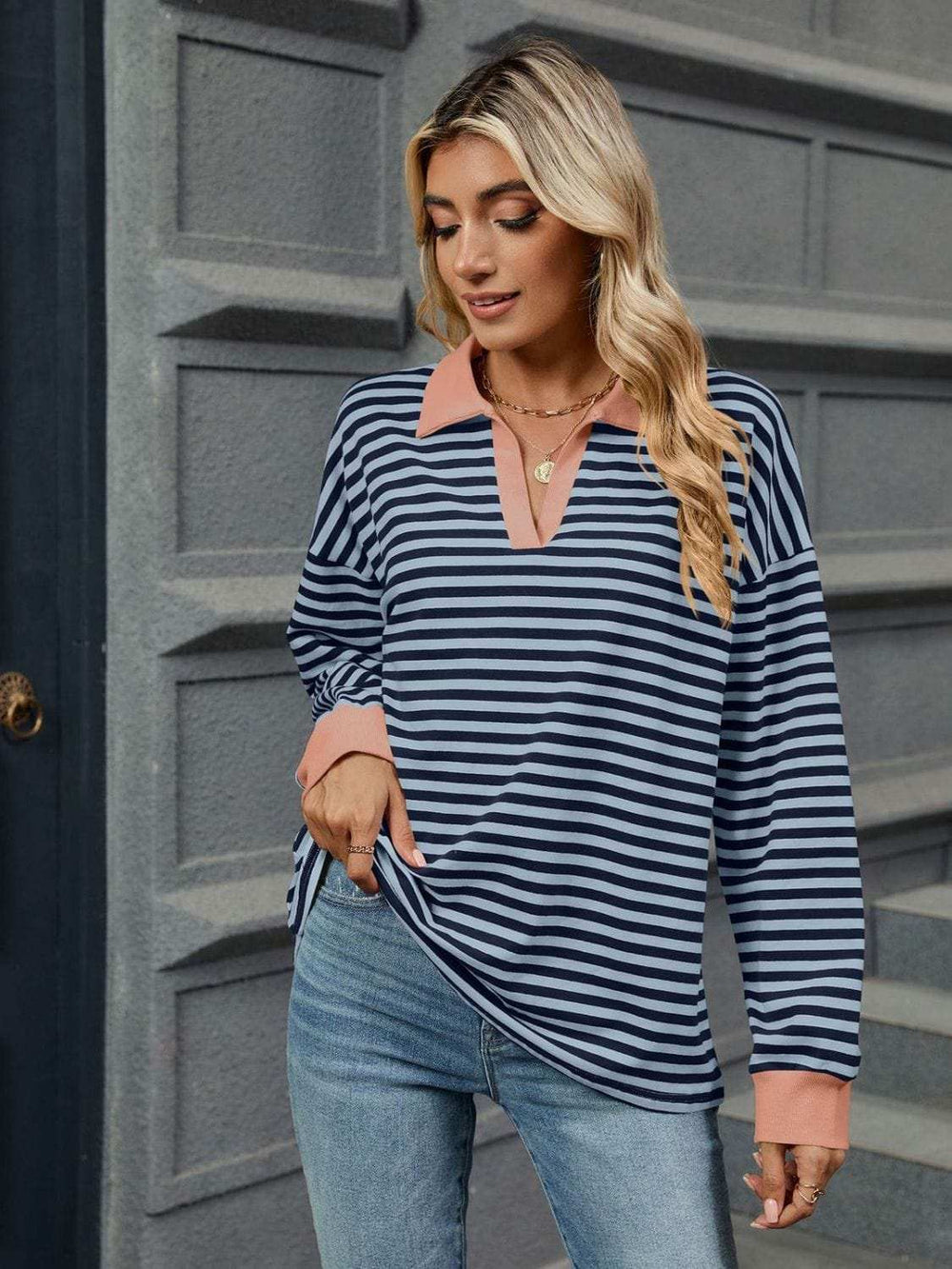 Striped Johnny Collar Long Sleeve Sweatshirt - Trendsi - Flyclothing LLC