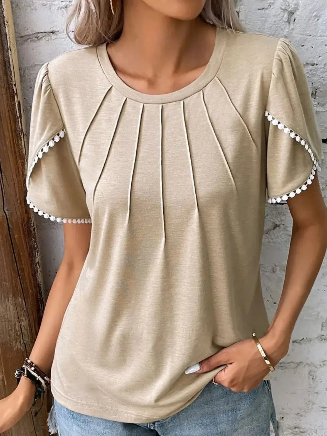Full Size Round Neck Petal Sleeve Blouse Plus Size - Trendsi - Flyclothing LLC