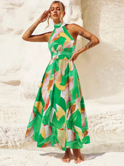 Ruched Printed Halter Neck Sleeveless Dress - Trendsi