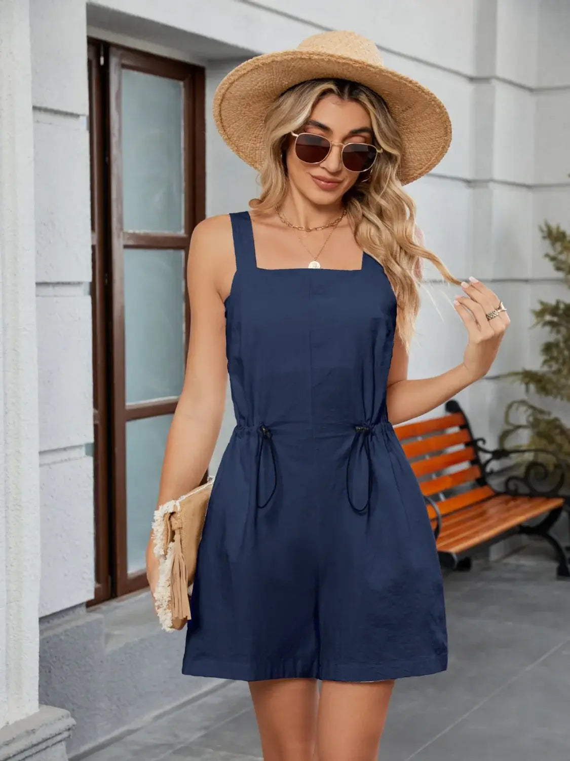 Drawstring Wide Strap Romper with Pockets - Trendsi - Flyclothing LLC