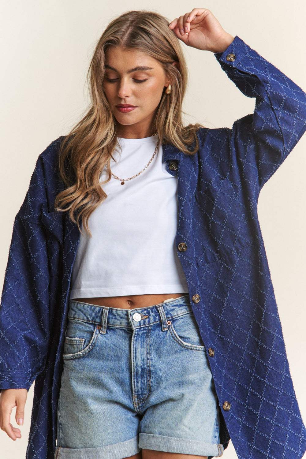 J.NNA Rhombus Stitched Button Up Denim Shacket - Trendsi - Flyclothing LLC