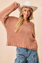 BiBi Chunky Knit Sweater with Flower Detail Sleeves - Trendsi - Flyclothing LLC