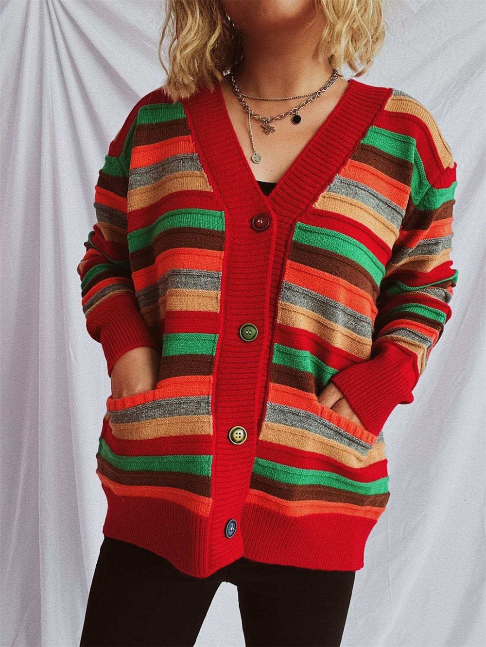 Contrast Stripes Button Up Long Sleeve Cardigan - Trendsi - Flyclothing LLC