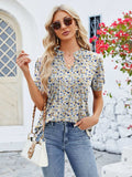 Ruched Printed Notched Short Sleeve Blouse - Trendsi - Flyclothing LLC