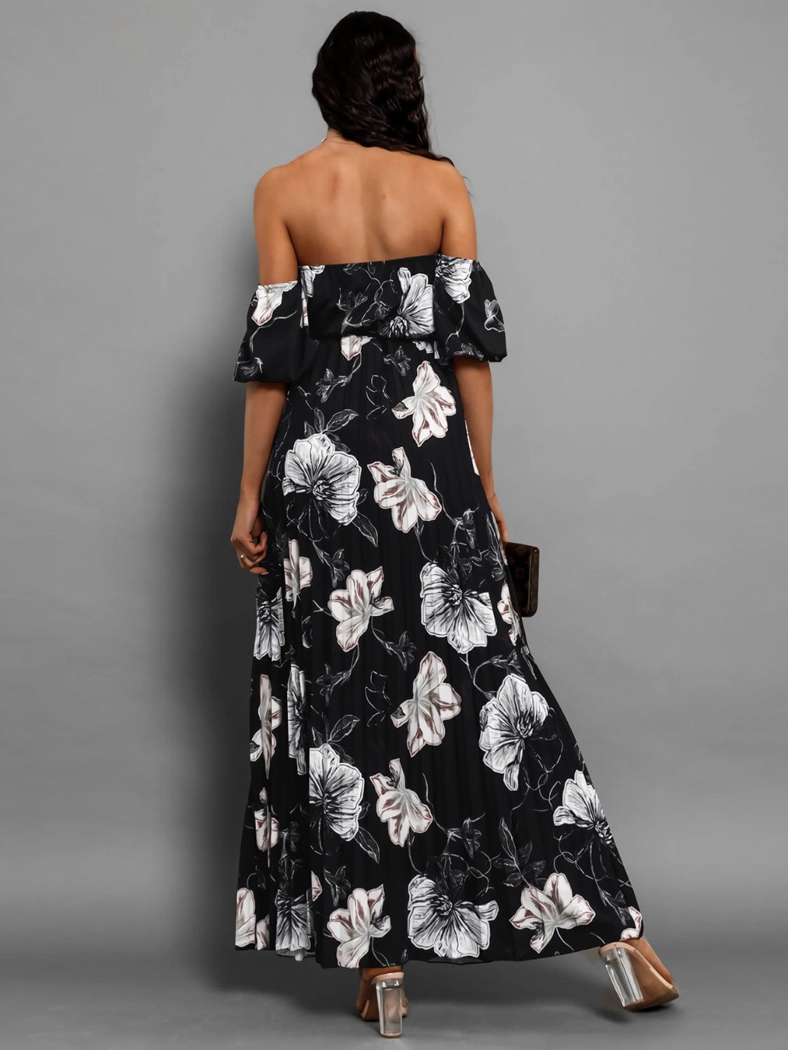 Pleated Floral Off-Shoulder Short Sleeve Midi Dress - Trendsi