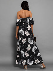 Pleated Floral Off-Shoulder Short Sleeve Midi Dress - Trendsi
