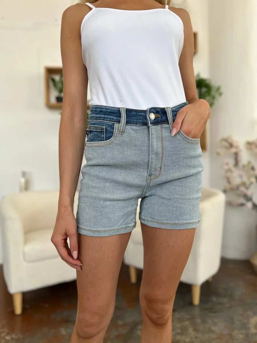 Judy Blue Full Size Color Block Denim Shorts - Trendsi - Flyclothing LLC