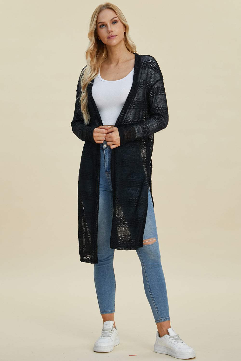 Double Take Full Size Open Front Longline Cardigan - Trendsi - Flyclothing LLC