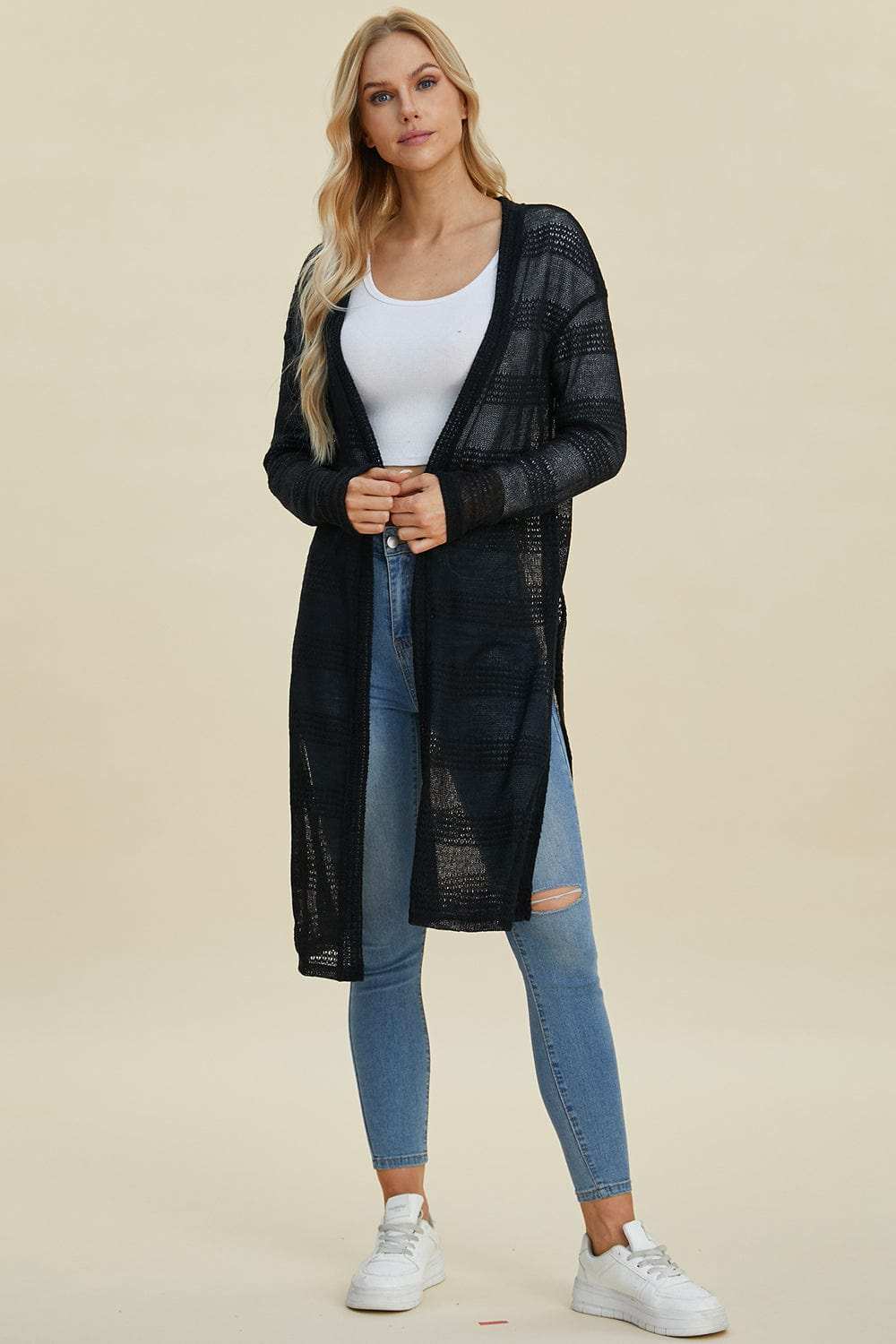 Double Take Full Size Open Front Longline Cardigan - Trendsi - Flyclothing LLC