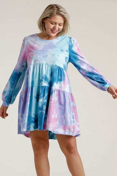 Umgee Full Size Tie Dye Round Neck Long Sleeve Babydoll Tiered Dress Plus Size - Trendsi - Flyclothing LLC
