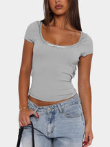 Lace Detail Scoop Neck Short Sleeve T-Shirt - Trendsi - Flyclothing LLC