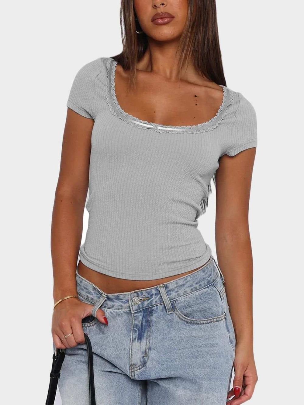 Lace Detail Scoop Neck Short Sleeve T-Shirt - Trendsi - Flyclothing LLC