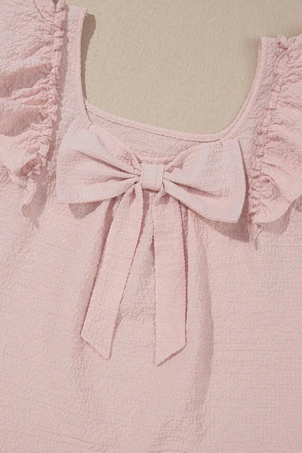 Textured Bow Knot Frilled Butterfly Sleeve Blouse - Trendsi - Flyclothing LLC