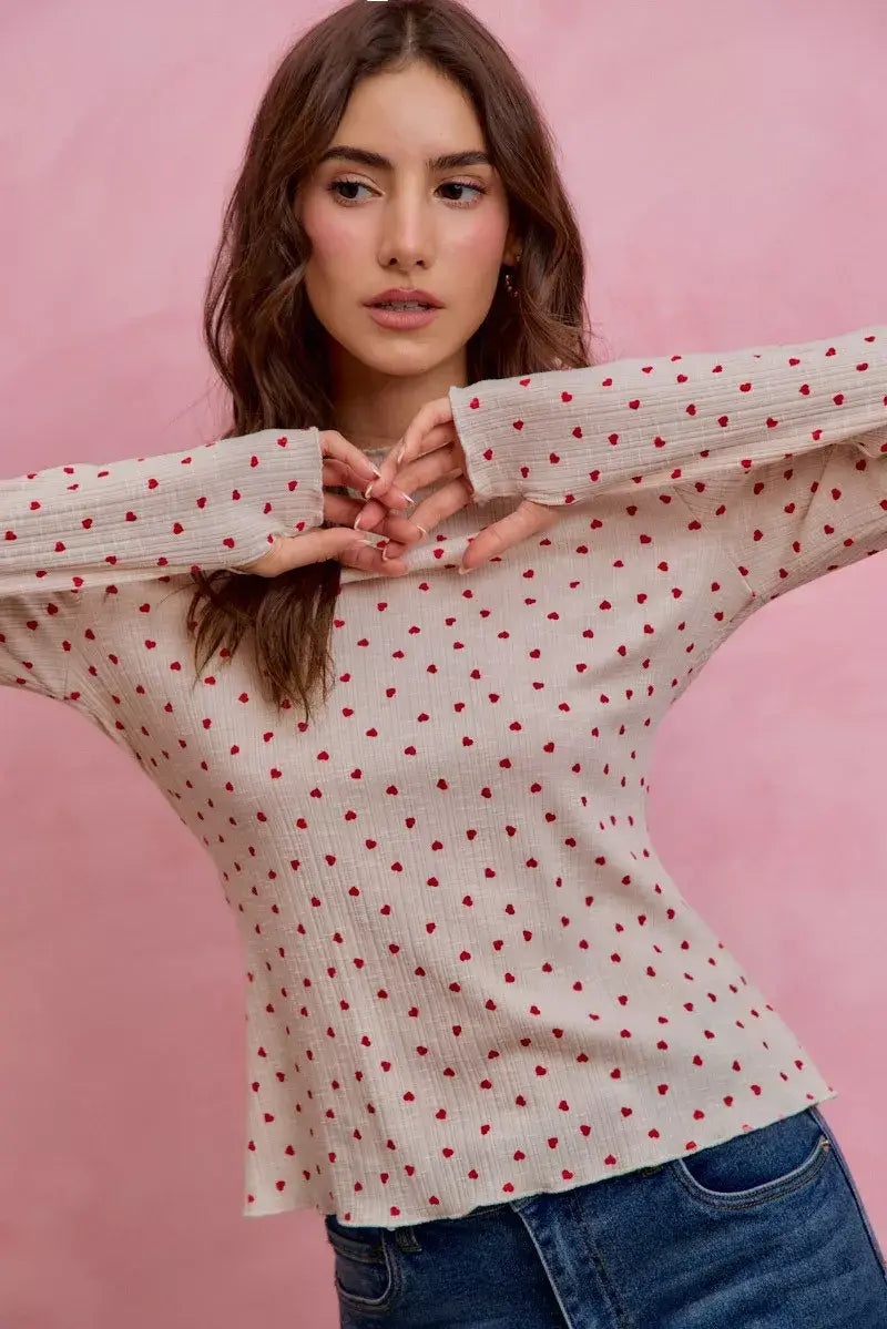 SO ME Ditsy Heart All Over Slub Rib Knit Valentine Top - Trendsi - Flyclothing LLC