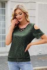 Sequin Cold Shoulder Short Sleeve Blouse - Trendsi - Flyclothing LLC